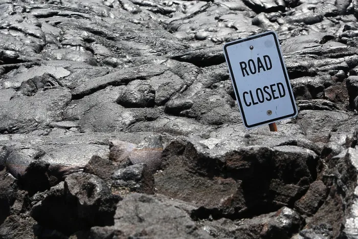 Framed Print : Road closed, a sign on a lava field in the eastern rift zone