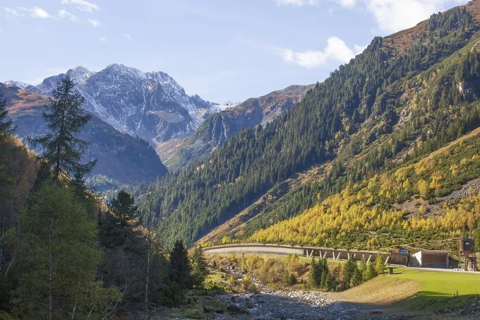 Framed Print : Road, forest and mountains in Mutterberg Valley in autumn