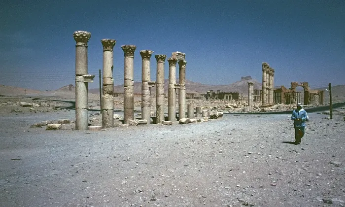 Framed Print : Road from Hadrian's Gate to the Temple of Bel, Colonnade, Palmyra, Syria, May 1987, vintage, retro, old, historical, Asia
