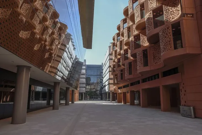 Framed Print : Road through houses, Masdar City urban development project