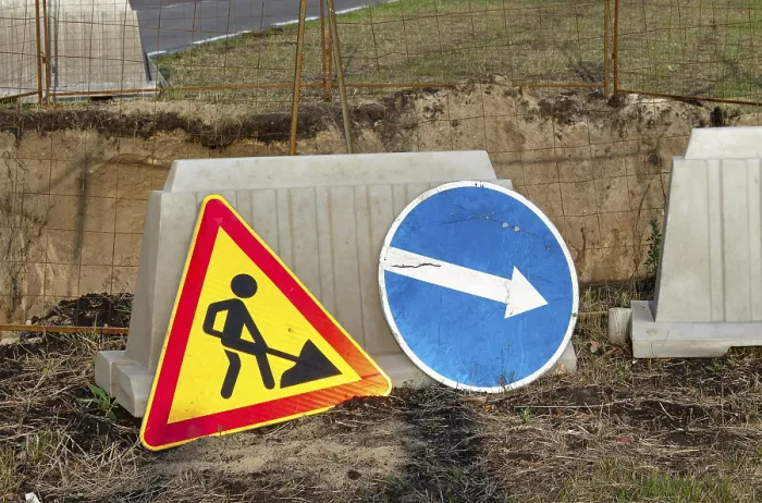 Framed Print : Road signs - repair work, road detour