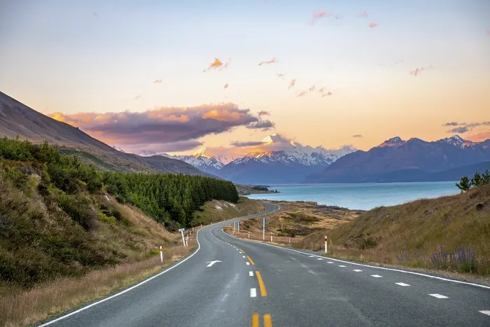 Framed Print : Road with view of Mount Cook, sunset