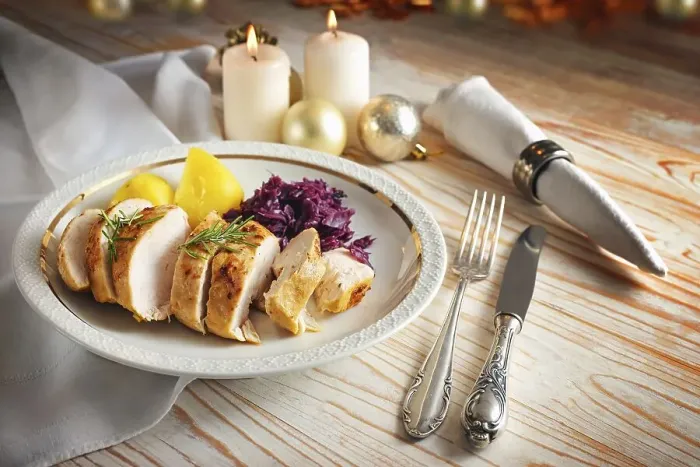 Framed Print : Roast chicken breast with red cabbage and potatoes on a white plate Framed Print : Roast chicken breast with red cabbage and potatoes on a white plate