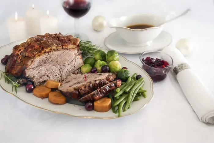 Framed Print : Roast pork ham with crust, green beans Framed Print : Roast pork ham with crust, green beans
