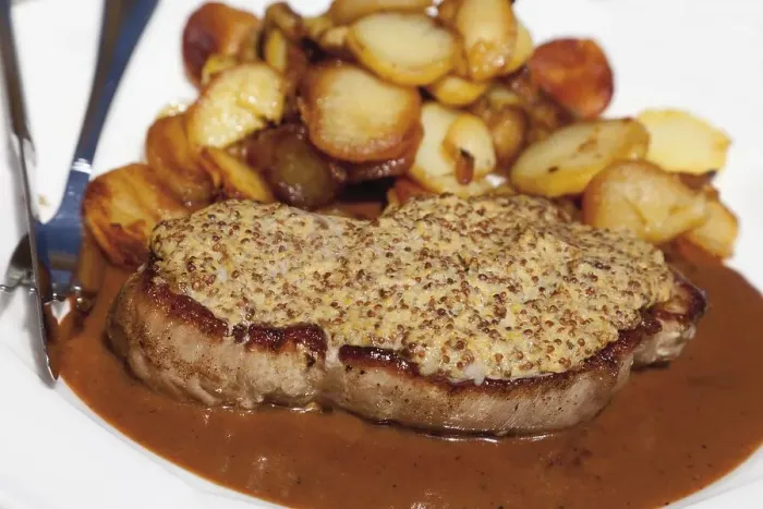 Framed Print : Roast pork with mustard crust and baked potatoes