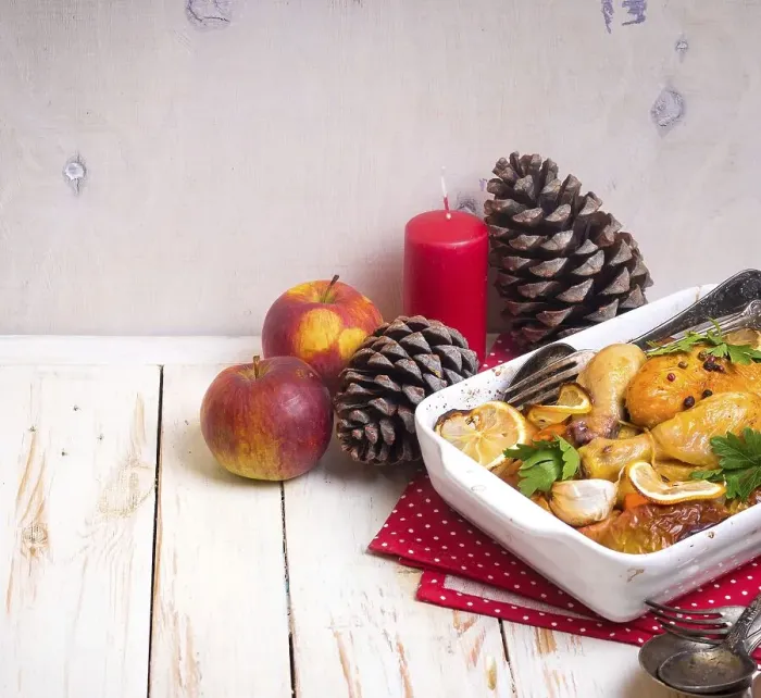 Framed Print : Roasted chicken. Christmas food