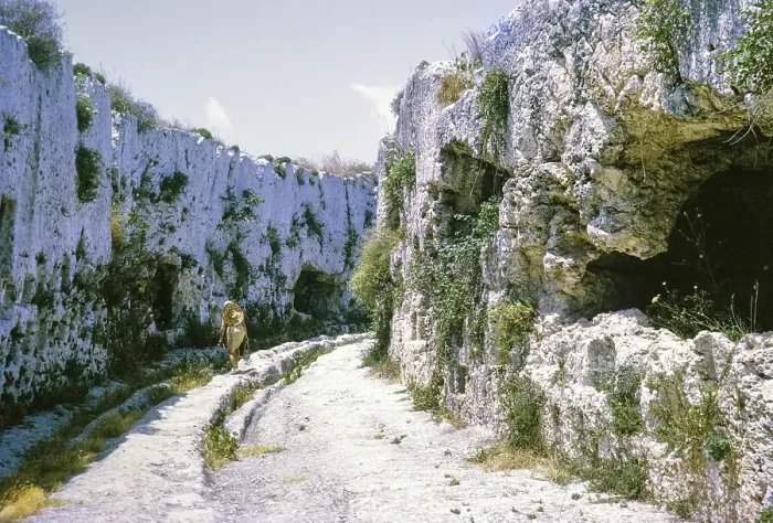 Framed Print : Rock cut tombs behind the theatre, fifth century BC, Greek Theatre at Syracuse, Sicily, Italy, Europe 1969, Europe