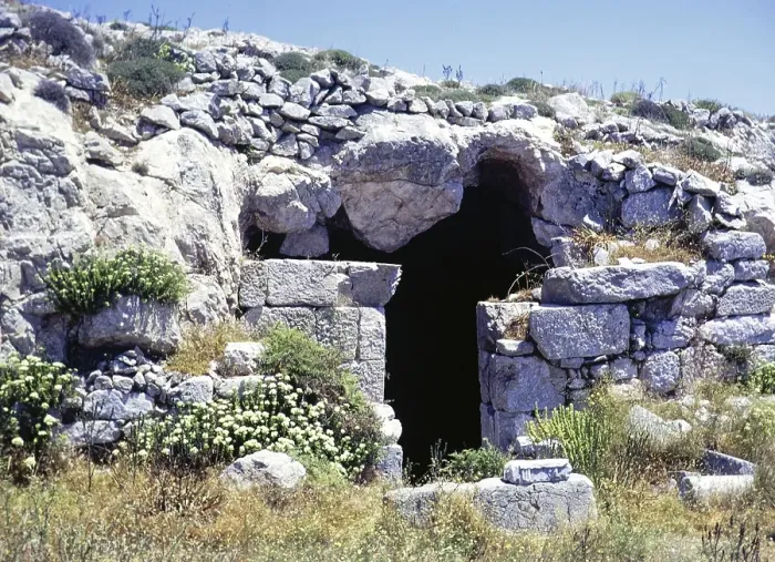 Framed Print : Rock grotto ruins, archaeological site of Ancient Thera, Santorini, Cyclades islands, Greece, Europe, 1972, Europe