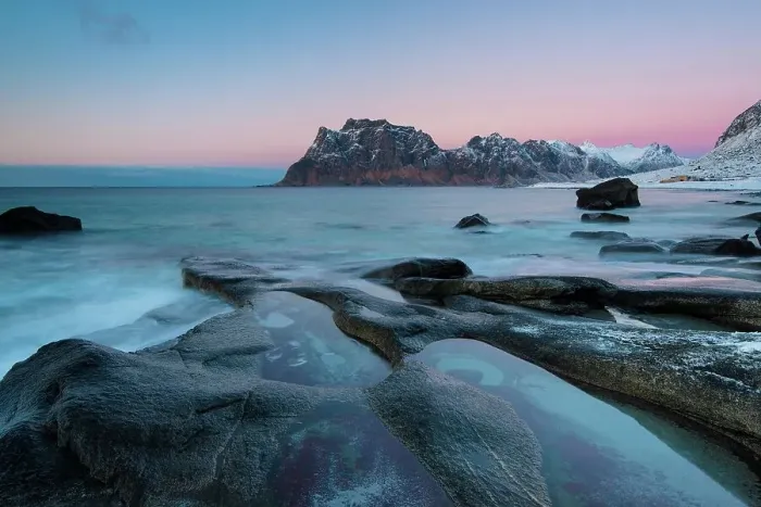Framed Print : Rock in the sea, back mountains, sunset, Utakleiv, Lofoten, Norway, Europe Framed Print : Rock in the sea, back mountains, sunset, Utakleiv, Lofoten, Norway, Europe