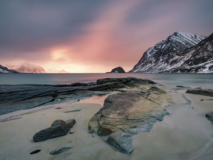 Framed Print : Rocks on Haukland beach in the evening light Framed Print : Rocks on Haukland beach in the evening light