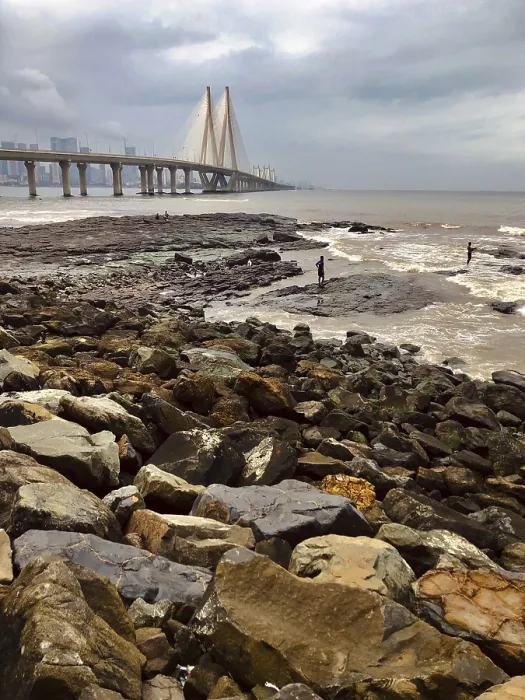 Framed Print : Rocks by the sea with a large bridge and urban background on a cloudy day Framed Print : Rocks by the sea with a large bridge and urban background on a cloudy day