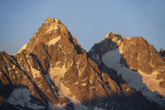 Framed Print : Rocky peaks at sunset, alpenglow