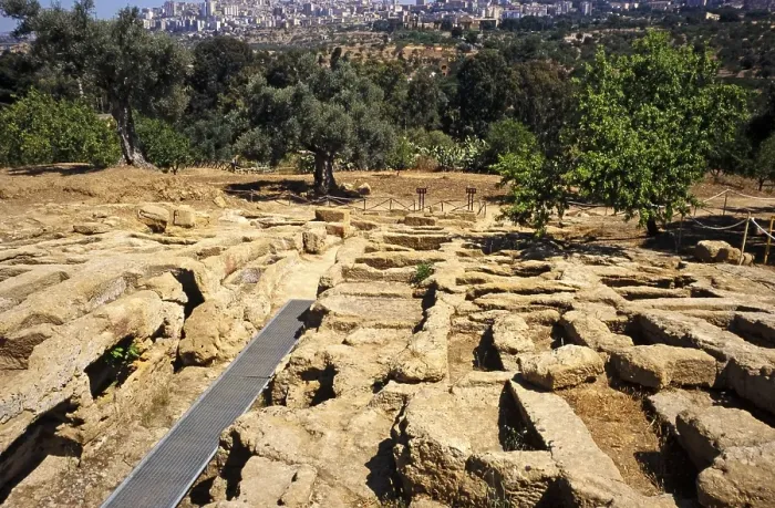 Framed Print : Roman cemetery in the Greek ruins of the Temple of Zeus, Akragas, Agrigento, Sicily, Italy, 1999, Europe