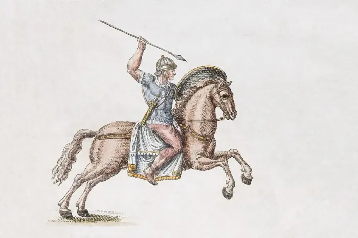 Framed Print : Roman soldier on horseback, handcoloured copper engraving Framed Print : Roman soldier on horseback, handcoloured copper engraving