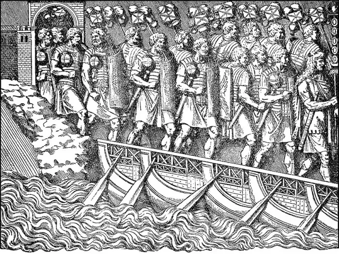 Framed Print : Roman soldiers marching across pontoon bridge Framed Print : Roman soldiers marching across pontoon bridge
