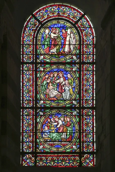 Framed Print : Romanesque stained glass window of the nave Framed Print : Romanesque stained glass window of the nave