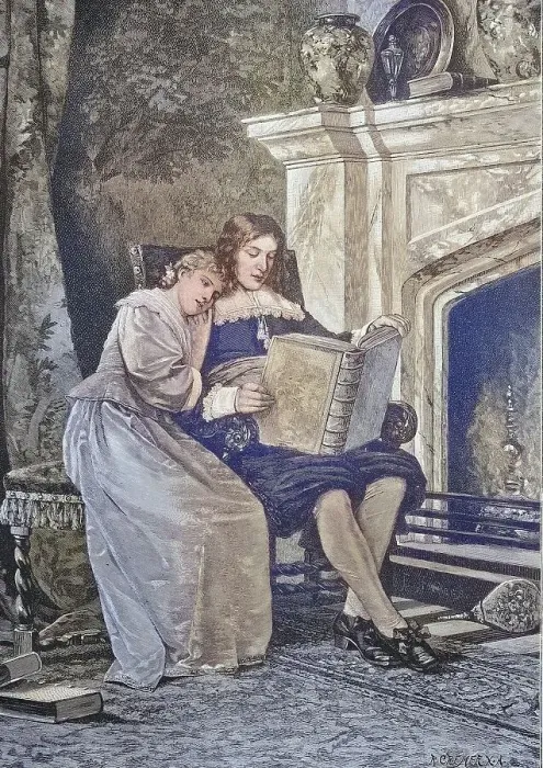 Framed Print : Romantic scene by the fireplace