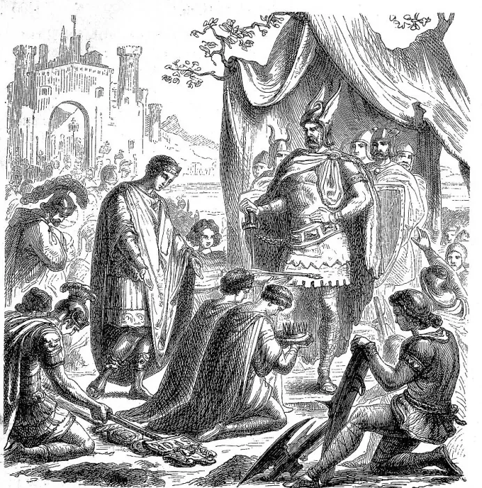 Framed Print : Romulus Augustus, 461, 507 AD hands the crown to Flavius Odoacer