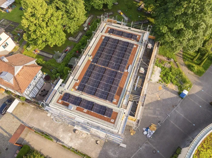 Framed Print : Roof of a construction site with solar cells
