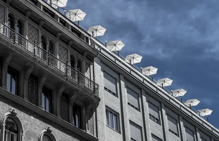 Framed Print : Roof Terrace With Sun Parasols On Historic And Modern Buildings In The Inner City Of Vienna In Austria