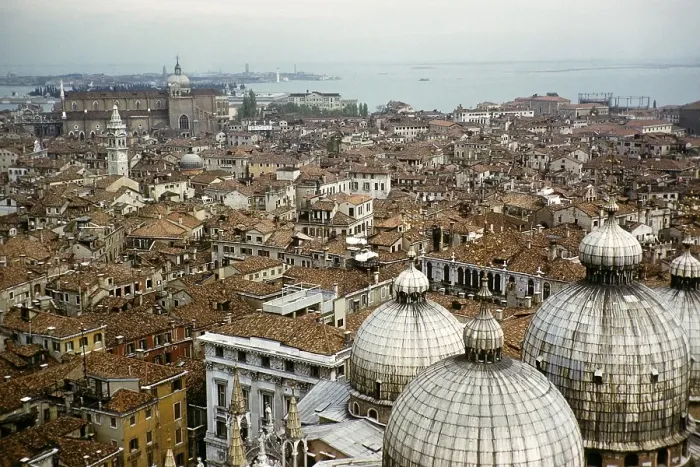 Framed Print : Roofs of buildings, church domes and towers, Venice, Italy 1957