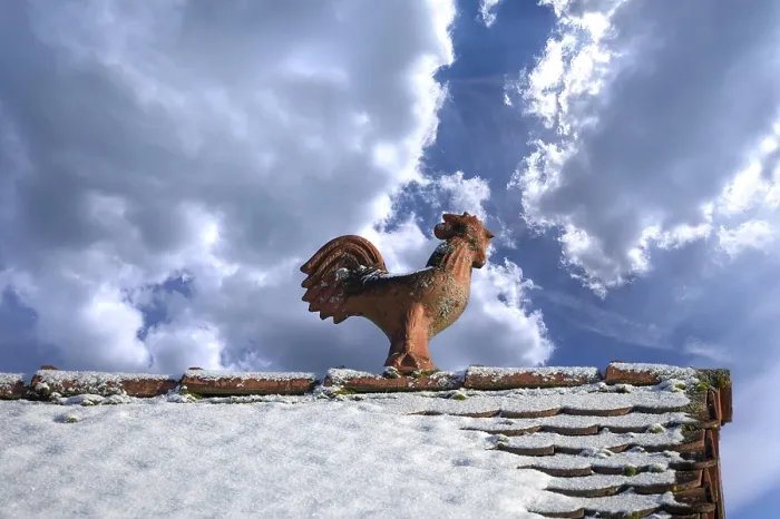 Framed Print : Rooster as a roof rider, cloud sky