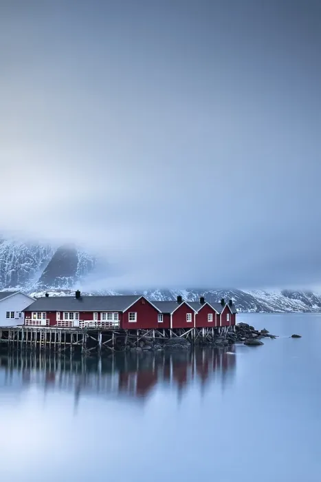 Framed Print : Rorbuer cabins from Hamnoy by the fjord Framed Print : Rorbuer cabins from Hamnoy by the fjord