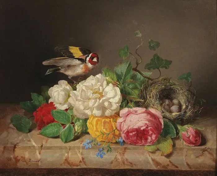 Framed Print : Rose petals with goldfinch and bird's nest