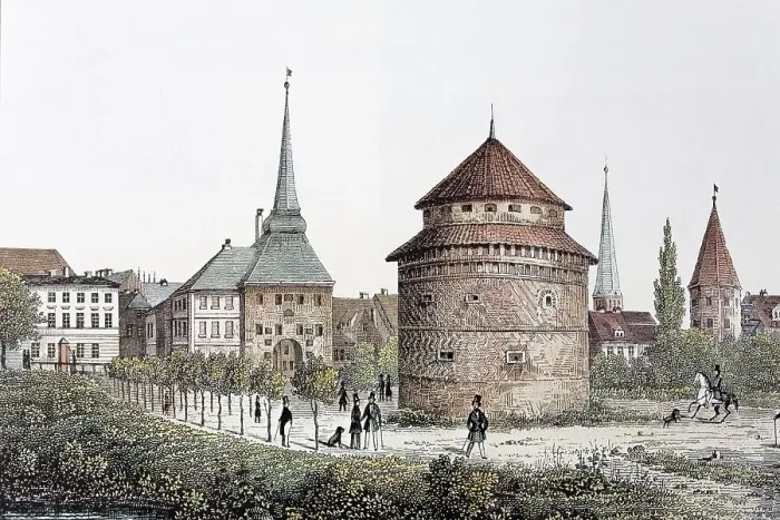 Framed Print : Rostock in 1845, Stone Gate, historical townscape Framed Print : Rostock in 1845, Stone Gate, historical townscape