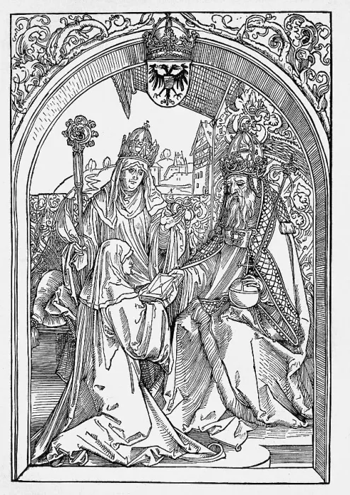 Framed Print : Roswitha handing emperor Otto the Great and archbishop Wilhelm von Mainz her scripts