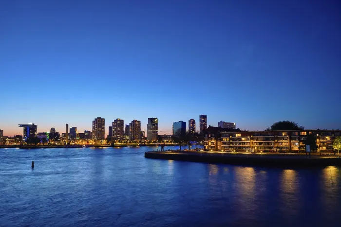 Framed Print : Rotterdam Noordereiland on Nieuwe Maas river island on illuminated at night