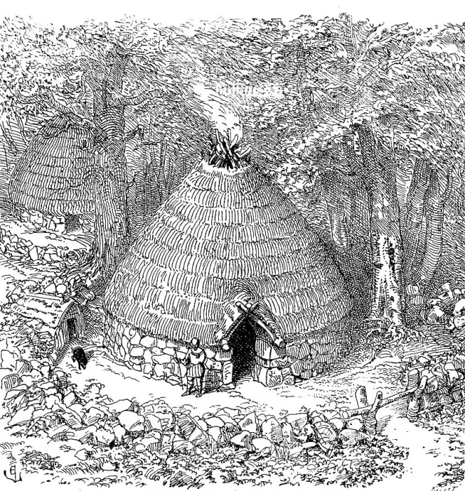 Framed Print : Round hut of the Pelasgians, an ancient people of ancient Greece, 8th century BC, stone wall, thatched or grass roof, protective wall against wild animals, fire with smoke outlet, guard, dog, access with barrier, forest edge, history of mankind
