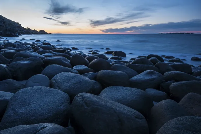 Framed Print : Round stones on the beach of Utakleiv