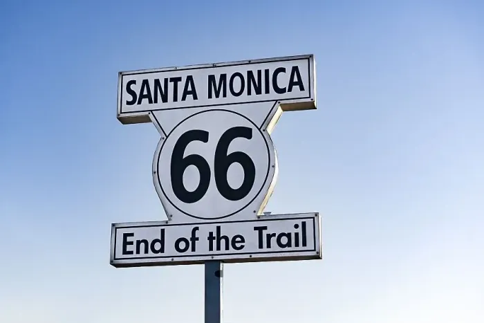 Framed Print : Route 66 end of the train. Santa Monica road sign