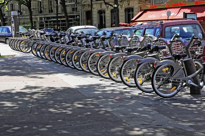 Framed Print : Row of bicycles from a rental system on a Parisian street