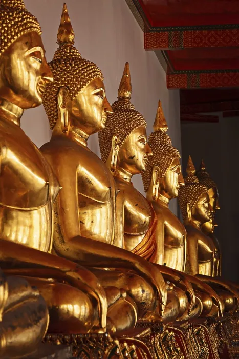 Framed Print : Row of golded sitting Buddha statues in Buddhist temple Wat Pho