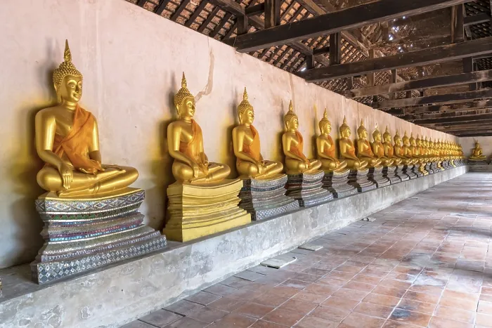 Framed Print : Row of golden buddha statue sitting at Wat Phutthaisawan temple in Ayutthaya Historical Park