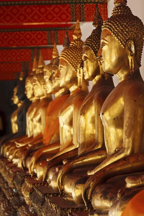 Framed Print : Row of sitting Buddha statues in Buddhist temple Wat Pho