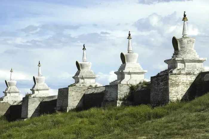 Framed Print : Row of towers stupas in wall of Buddhist monastery Erdene Zuu