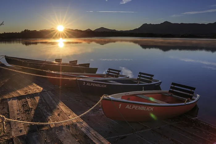 Framed Print : Rowing boats, sunrise, lake, mountains reflected in water Framed Print : Rowing boats, sunrise, lake, mountains reflected in water