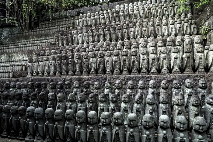 Framed Print : Rows of jizo figures at Hase-dera Temple in Kamakura