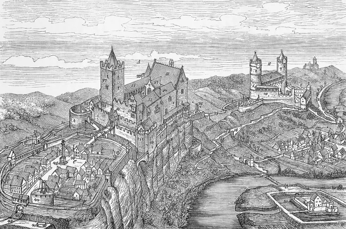 Framed Print : Rudelsburg (left) with outer bailey and curtain walls and Saaleck Castle (both 12th century) on the Saale