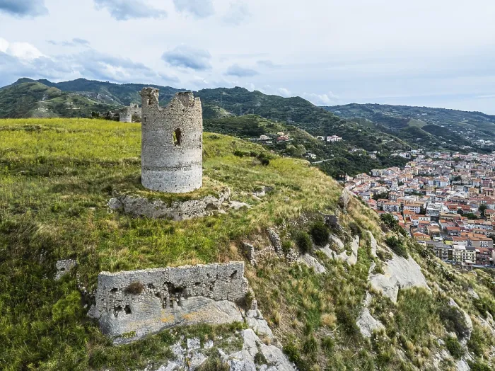 Framed Print : Ruins of the Church of Saint Francis of Assisi and Amantea Castle from a drone