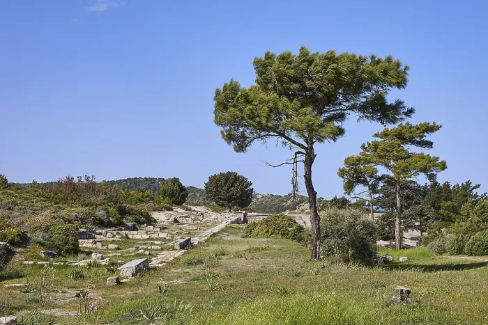 Framed Print : Ruins on a green meadow with several trees and blue sky on a sunny day