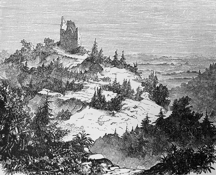 Framed Print : Ruins of the Kyffhausen Imperial Castle in the Kyffhaeuser nature park Park, low mountain range, fir trees, travel, Thuringia, Germany, historical illustration 1885, Europe