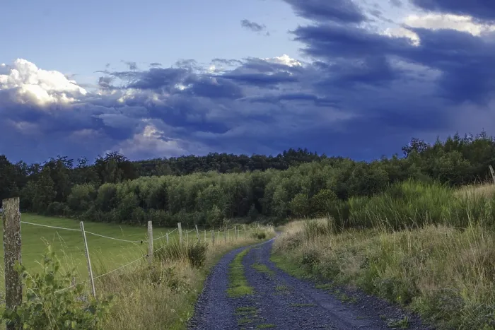 Framed Print : A rural path leads through a green landscape under a cloudy evening sky Framed Print : A rural path leads through a green landscape under a cloudy evening sky