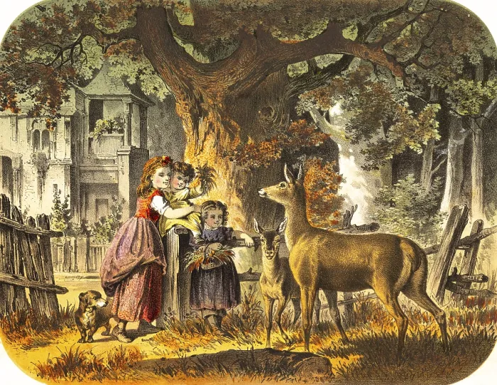 Framed Print : Rural scene with three children and friendly deer Framed Print : Rural scene with three children and friendly deer