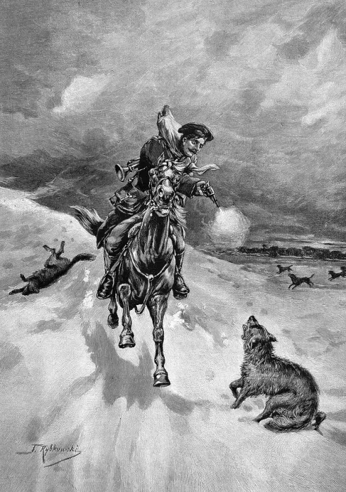Framed Print : Russian postman being attacked by wolves