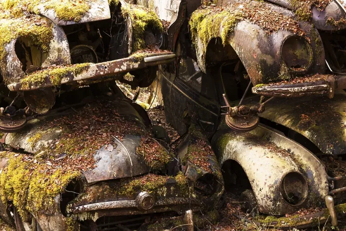 Framed Print : Rusty old vintage cars, scrap yard