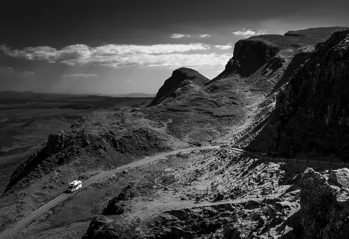 Framed Print : RV driving winding mountain road